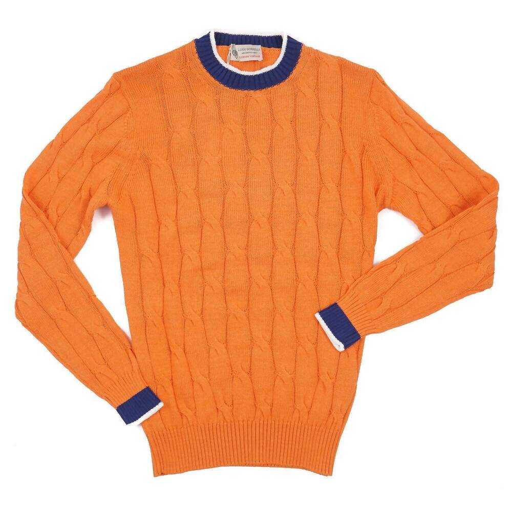 NEW LUIGI BORRELLI NAPOLI men's cable knit cotton sweater in citrus orange